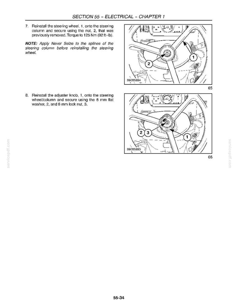 May include: Diagram from a manual showing the steps to reinstall a steering wheel. The diagram includes numbered parts and instructions, with a torque specification of 92 ft-lb. The text also includes a note about applying Never Seize.