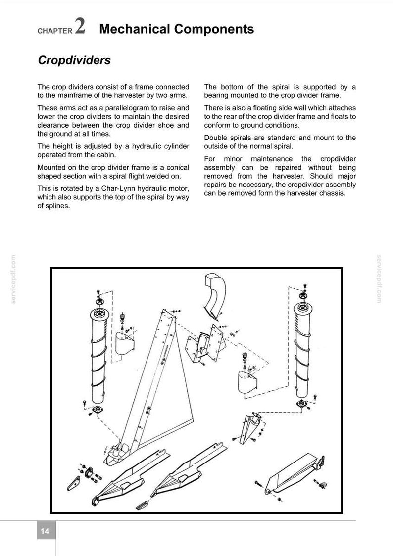 May include: Diagram of mechanical components labeled "Cropdividers" with text descriptions. The image shows a detailed technical illustration of the crop divider assembly, including a frame, spiral, and hydraulic components.