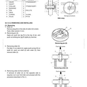 K&ouml;nnte beinhalten: Eine technische Handbuchseite mit dem Titel 34. TRAVEL SYSTEM 34.1.5.3 IDLER ASSY, die eine St&uuml;cklistentabelle, Querschnittszeichnungen einer Umlenkrolleneinheit sowie Schritt-f&uuml;r-Schritt-Anleitungen zum Aus- und Einbau enth&auml;lt.