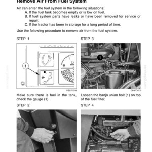 May include: A maintenance guide page with instructions for removing air from a fuel system. The steps include checking the fuel gauge, loosening a banjo union bolt, and using a hand primer pump.