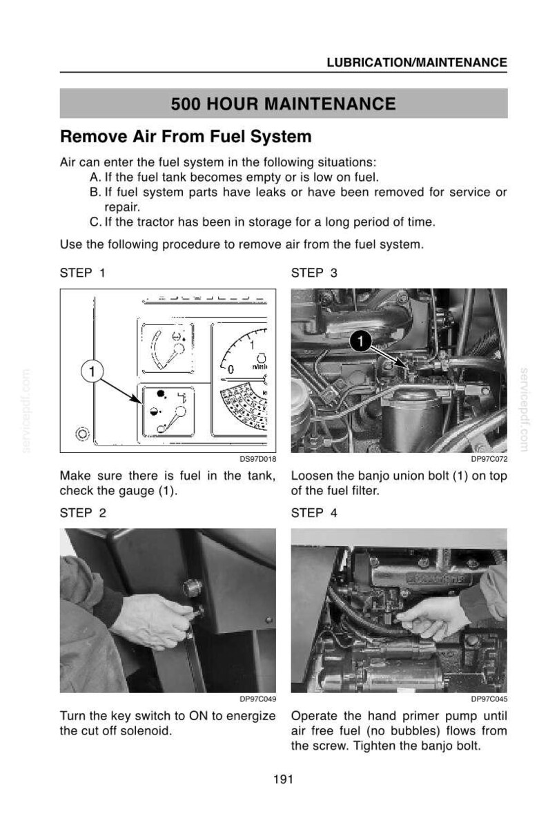 May include: A maintenance guide page with instructions for removing air from a fuel system. The steps include checking the fuel gauge, loosening a banjo union bolt, and using a hand primer pump.