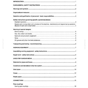 May include: A white document with black text, featuring a table of contents. The document includes headings such as "Fundamental Safety Instructions," "Warning of Special Dangers," and "Working Equipment." The page numbers are listed on the right side.