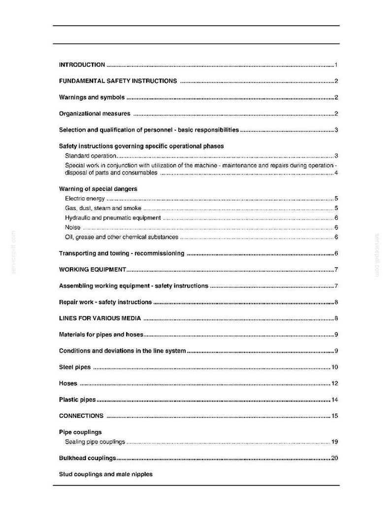 May include: A white document with black text, featuring a table of contents. The document includes headings such as "Fundamental Safety Instructions," "Warning of Special Dangers," and "Working Equipment." The page numbers are listed on the right side.