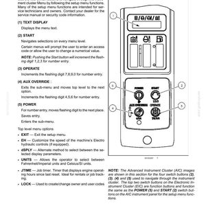 May include: A technical diagram of an instrument cluster control panel featuring a text display, four labeled buttons for Power, Start, Aux Override, and Operate, and numbered callouts from one to five explaining menu navigation functions.