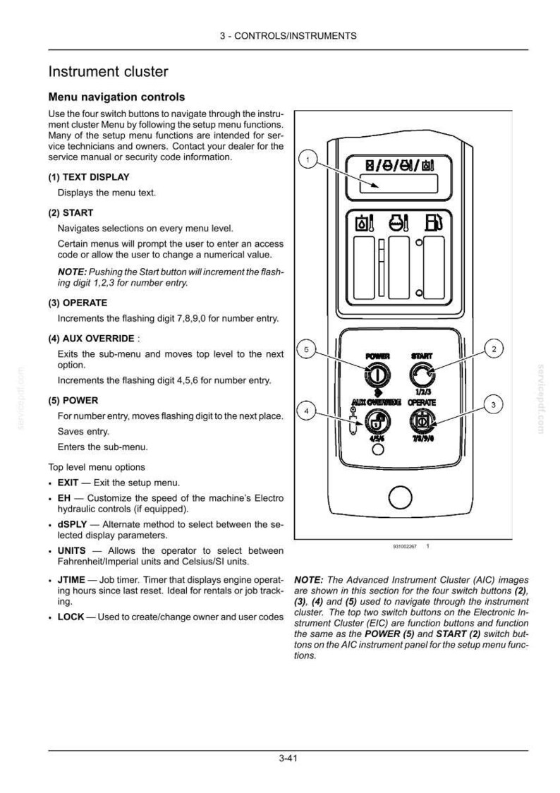 May include: A technical diagram of an instrument cluster control panel featuring a text display, four labeled buttons for Power, Start, Aux Override, and Operate, and numbered callouts from one to five explaining menu navigation functions.