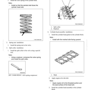 May include: Diagram of mechanical installation steps for a cylinder head, including valve spring, spring seat, and split collar installation. Includes illustrations of a valve spring, cylinder head, and gasket.