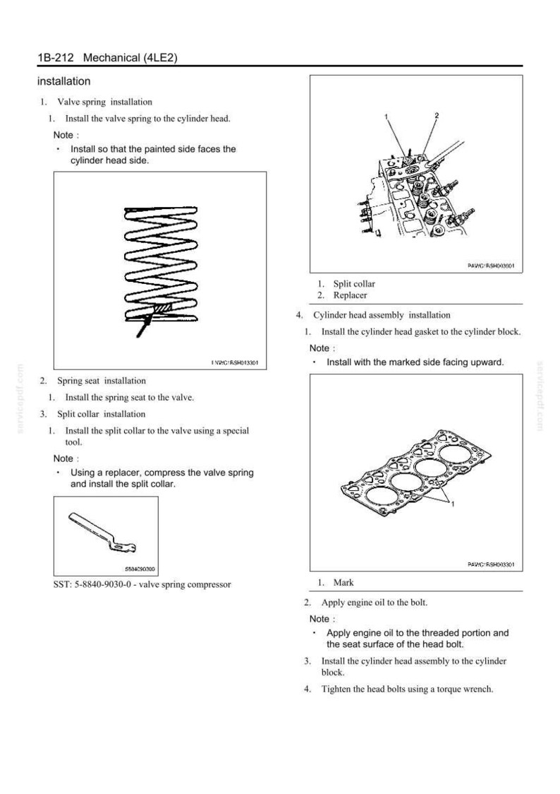 May include: Diagram of mechanical installation steps for a cylinder head, including valve spring, spring seat, and split collar installation. Includes illustrations of a valve spring, cylinder head, and gasket.
