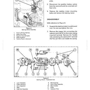 Op de afbeelding: Diagram van een startmotor met explosietekeningen en labels. Bevat figuren 5 en 6, met details van componenten zoals de soleno&iuml;de, anker en borstelmontage. Tekst bevat demontage-instructies.
