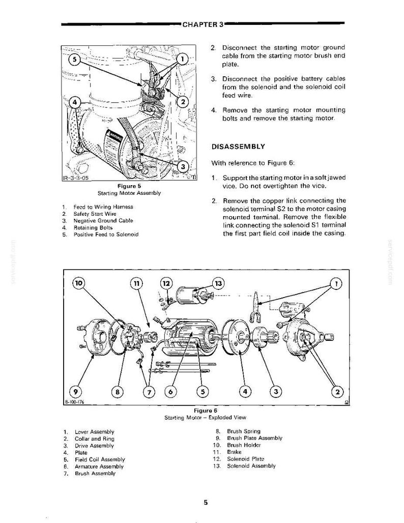 Op de afbeelding: Diagram van een startmotor met explosietekeningen en labels. Bevat figuren 5 en 6, met details van componenten zoals de soleno&iuml;de, anker en borstelmontage. Tekst bevat demontage-instructies.