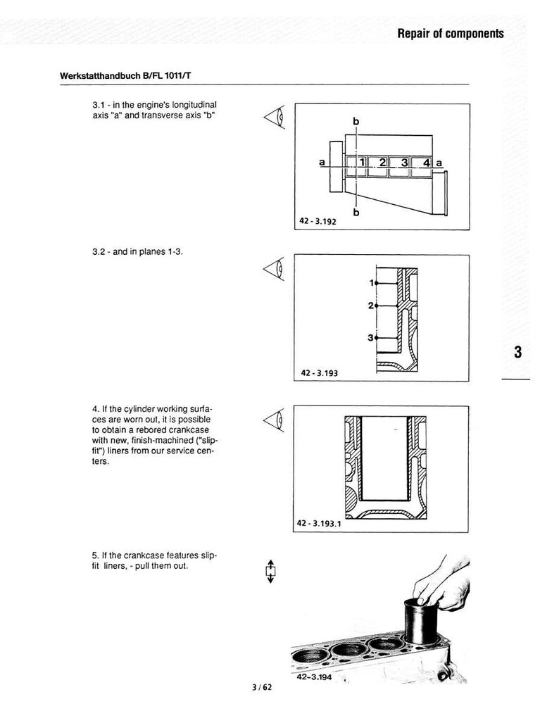 May include: A page from a repair manual, titled "Werkstatthandbuch B/FL 1011/T," with diagrams and text. The diagrams show engine component cross-sections and assembly instructions. The text includes instructions for cylinder and crankcase repair.