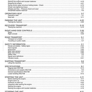 May include: A black and white table of contents page from a technical manual for heavy machinery. The text lists operational sections including hydraulic oil levels, operator seat details, parking, recovery transport, safety information, and specifications.
