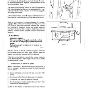 May include: A technical manual page titled 3-CONTROLS AND INSTRUMENTS detailing cab air pressurisation control. It includes text instructions, a warning about inhalation hazards, and two black and white line drawings of a pressure gauge.