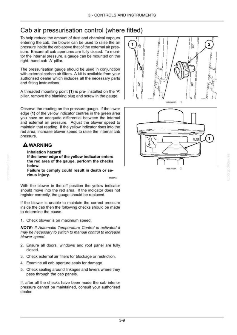 May include: A technical manual page titled 3-CONTROLS AND INSTRUMENTS detailing cab air pressurisation control. It includes text instructions, a warning about inhalation hazards, and two black and white line drawings of a pressure gauge.