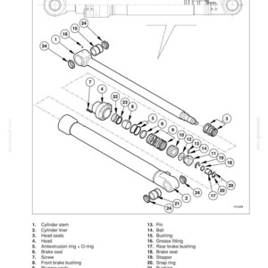 May include: Detailed diagram of a digging cylinder assembly, labeled with part numbers and names. Includes cylinder stem, liner, seals, bushings, and various rings. The diagram is in black and white.