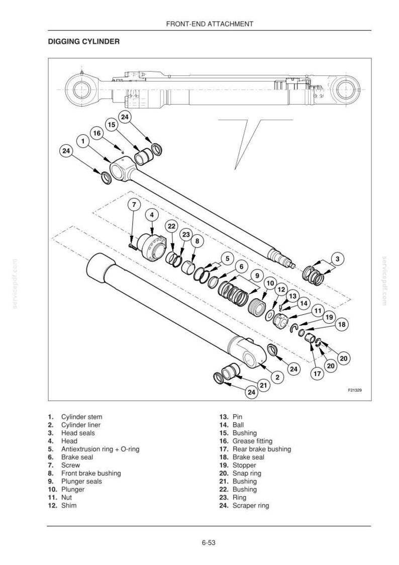 May include: Detailed diagram of a digging cylinder assembly, labeled with part numbers and names. Includes cylinder stem, liner, seals, bushings, and various rings. The diagram is in black and white.