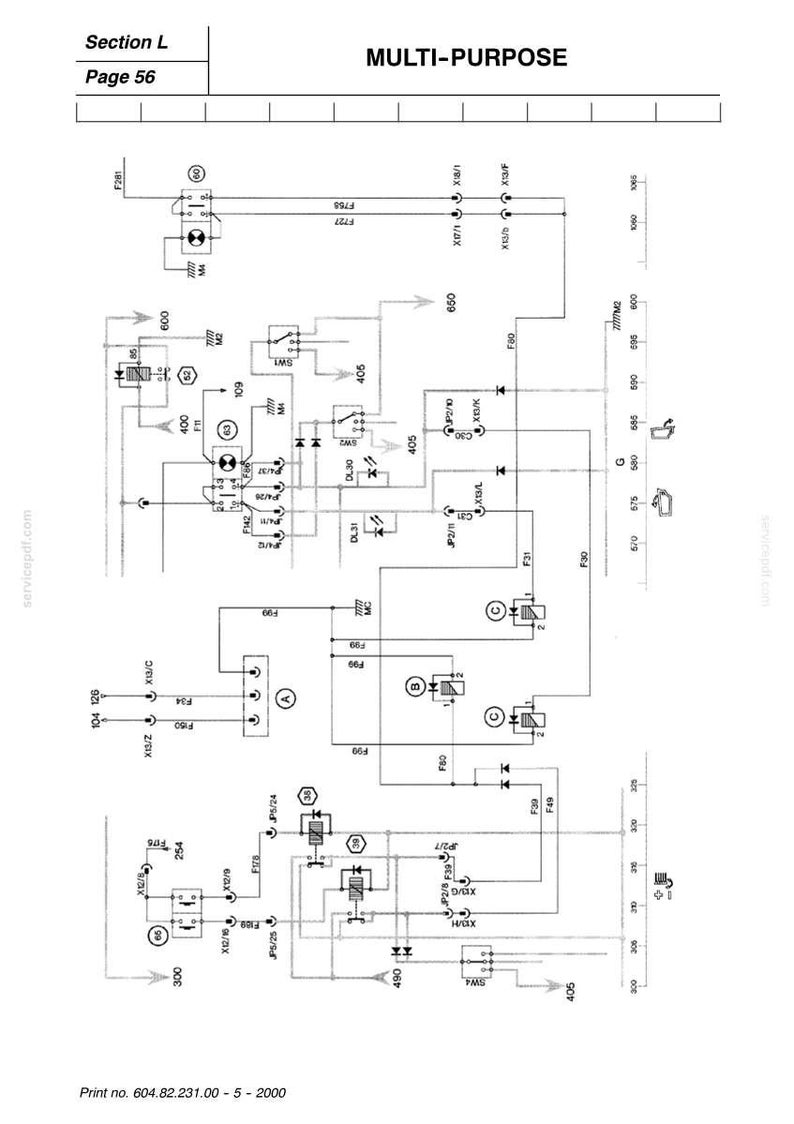 May include: A detailed electrical schematic diagram with the title "MULTI-PURPOSE" at the top. The diagram is filled with lines, symbols, and labels, including "Section L" and "Page 56". The print number is 604.82.231.00 - 5 - 2000.