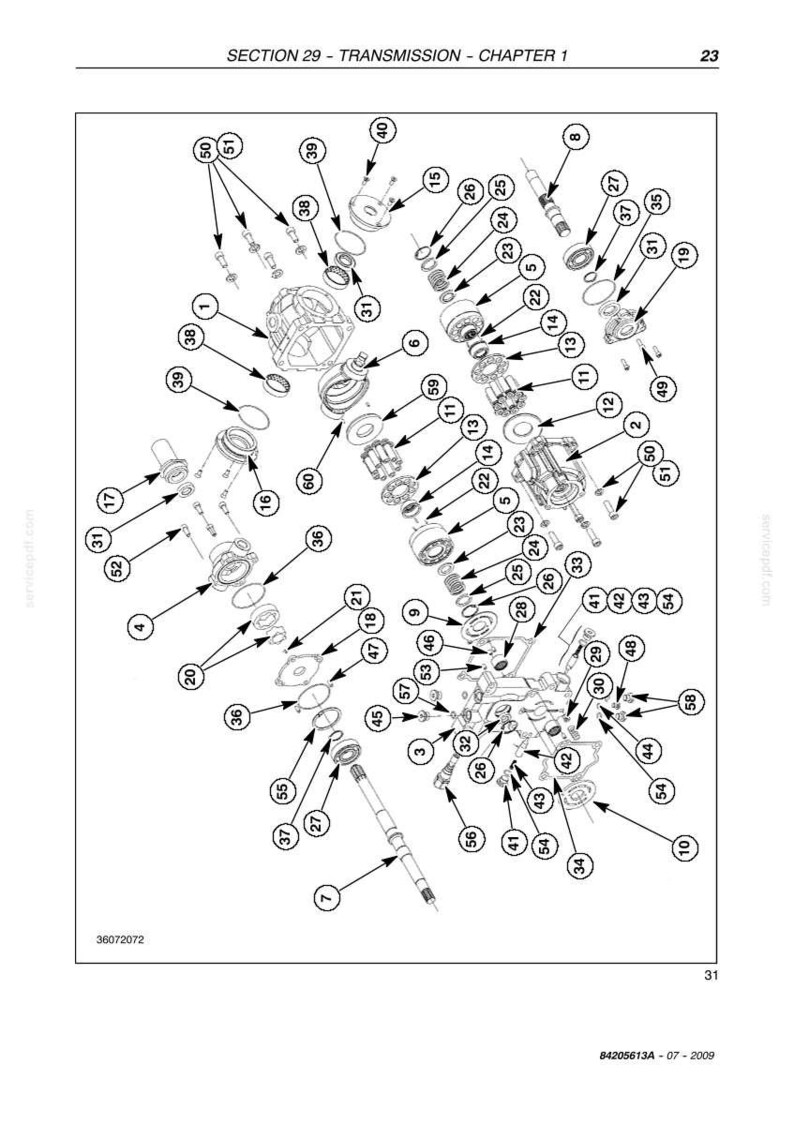 May include: Diagram of transmission components, labeled with numbers. Includes various gears, housings, and related parts. The image is a technical illustration, likely for repair or maintenance purposes.