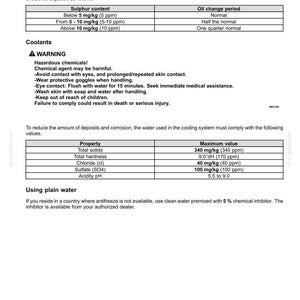 May include: A technical document page titled 7-MAINTENANCE containing tables for Sulphur in fuel and Coolants. It lists oil change intervals based on sulphur content and provides safety warnings for hazardous chemicals and water quality standards.
