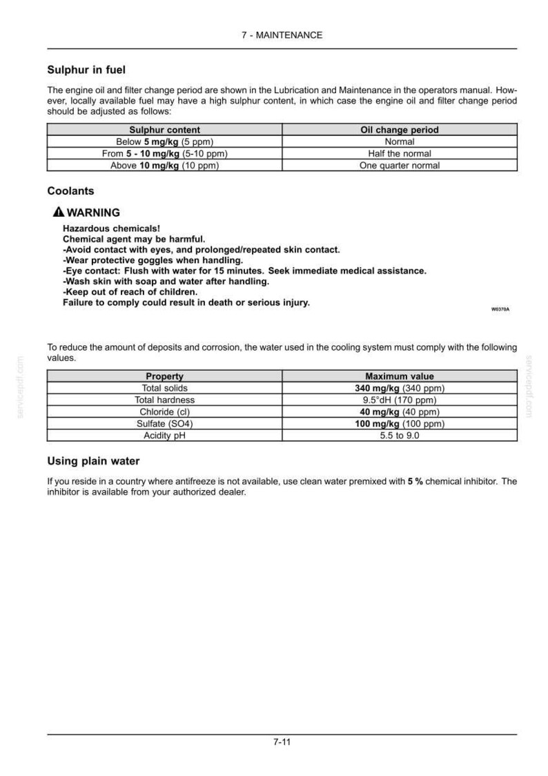May include: A technical document page titled 7-MAINTENANCE containing tables for Sulphur in fuel and Coolants. It lists oil change intervals based on sulphur content and provides safety warnings for hazardous chemicals and water quality standards.
