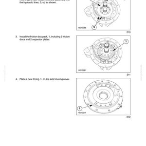 May include: A technical manual page titled SECTION 27 - CAB-END AXLE - CHAPTER 1, featuring three black and white line drawings illustrating the installation of a brake assembly, friction disc pack, and O-ring with numbered callouts and labels.