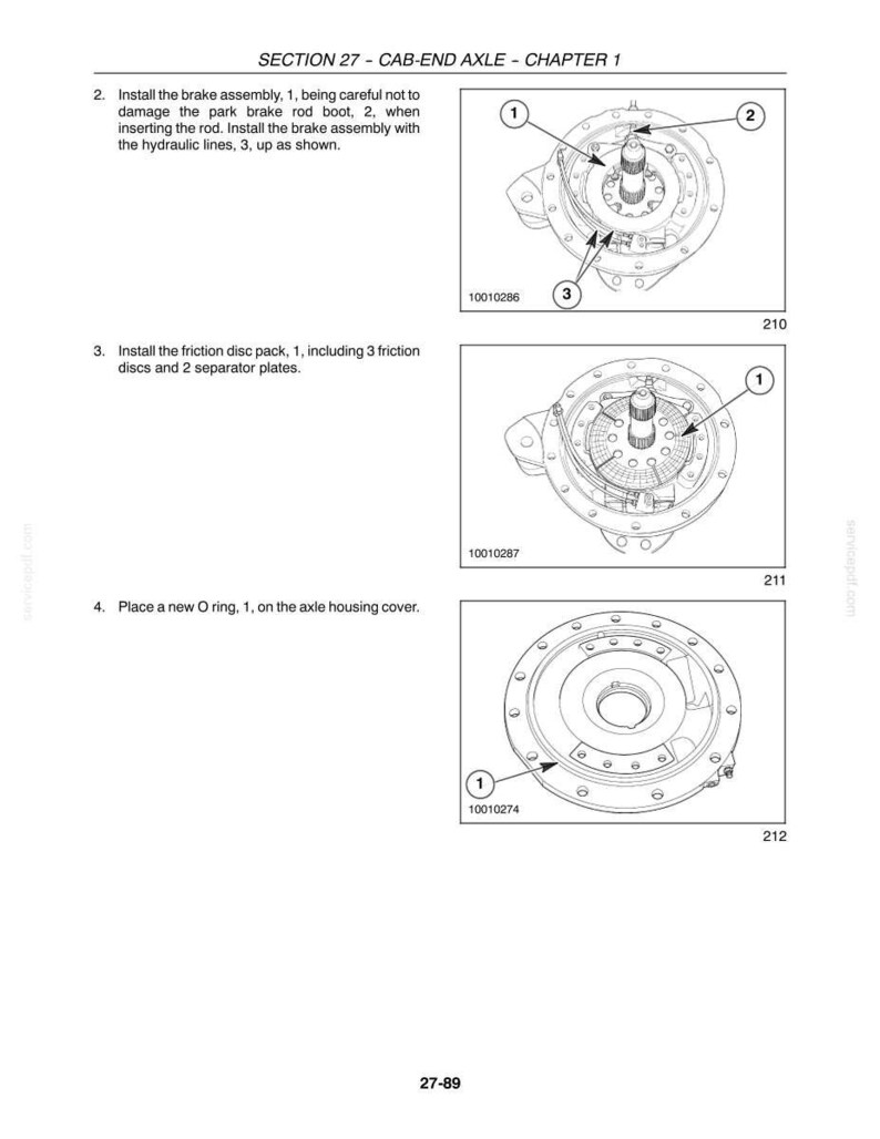 May include: A technical manual page titled SECTION 27 - CAB-END AXLE - CHAPTER 1, featuring three black and white line drawings illustrating the installation of a brake assembly, friction disc pack, and O-ring with numbered callouts and labels.