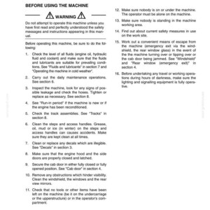 May include: A white document with black text detailing operating instructions for a machine. The document includes safety warnings, a list of procedures, and section references. The text is organized into numbered steps.