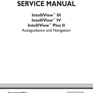 K&ouml;nnte beinhalten: Ein wei&szlig;es Servicehandbuch-Cover mit dem Titel "SERVICE MANUAL" in fetter schwarzer Schrift. Darunter listet das Handbuch "IntelliView III, IV, Plus II" und "Autoguidance and Navigation" auf. Das New Holland Agriculture-Logo befindet sich unten rechts.