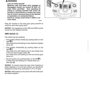 May include: A page from an operating manual titled 4-OPERATING INSTRUCTIONS, detailing 2WD or 4WD machine usage. It includes a warning about speed limits of 40 km/h (24.9 mph), a diagram of a dashboard switch, and instructions for the 4WD switch positions.