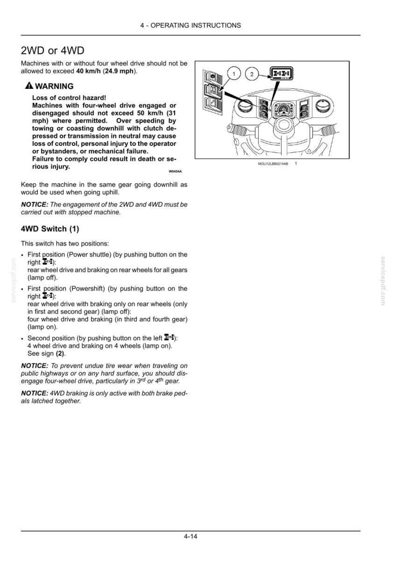 May include: A page from an operating manual titled 4-OPERATING INSTRUCTIONS, detailing 2WD or 4WD machine usage. It includes a warning about speed limits of 40 km/h (24.9 mph), a diagram of a dashboard switch, and instructions for the 4WD switch positions.