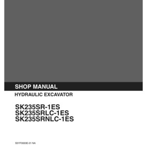 May include: A grey and black Kobelco shop manual for a hydraulic excavator. The cover displays the text SK235SR-1ES, SK235SRLC-1ES, and SK235SRNLC-1ES, along with the document code S5YF0003E-01 NA and the issue date of 10-2004 with serial numbers.