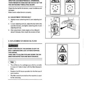 May include: A technical manual page titled 4. MAINTENANCE, detailing instructions for fan belt tension adjustment and engine oil filter replacement. It includes warning icons, numbered steps, and a diagram showing bolt locations for maintenance.