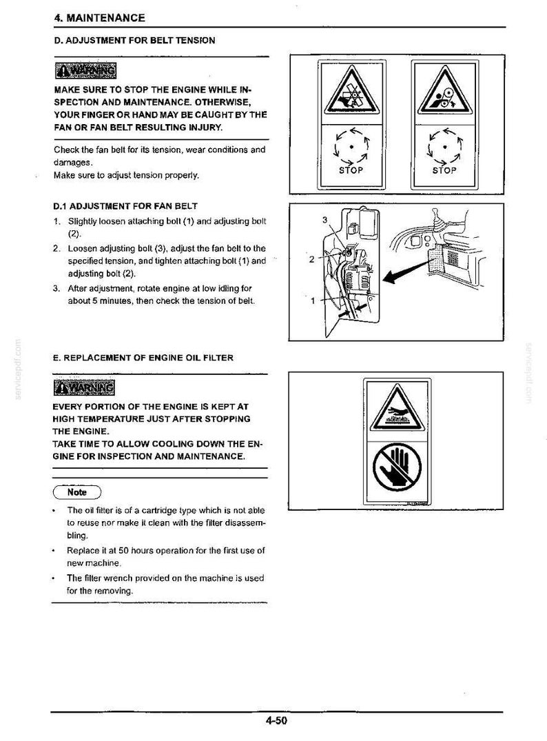 May include: A technical manual page titled 4. MAINTENANCE, detailing instructions for fan belt tension adjustment and engine oil filter replacement. It includes warning icons, numbered steps, and a diagram showing bolt locations for maintenance.