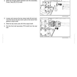 May include: Diagram illustrating the removal of a main drive slip clutch, with numbered steps and close-up images of the components. Includes text instructions for squeezing, sliding, loosening, and removing parts.