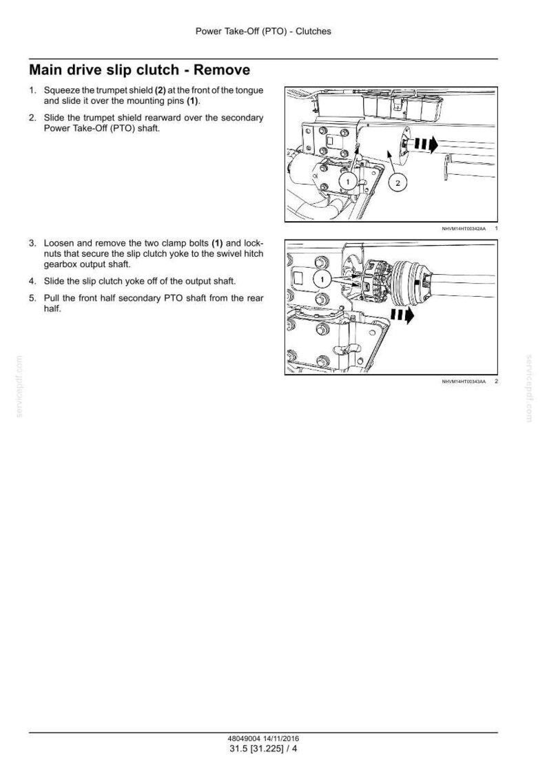 May include: Diagram illustrating the removal of a main drive slip clutch, with numbered steps and close-up images of the components. Includes text instructions for squeezing, sliding, loosening, and removing parts.