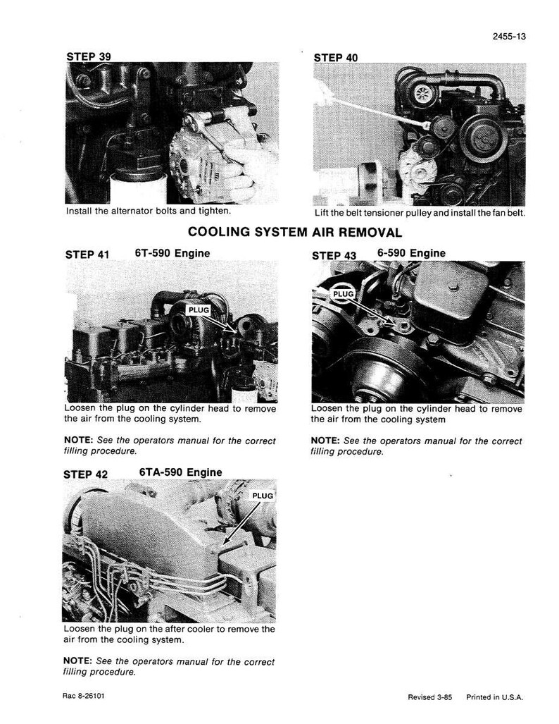 K&ouml;nnte beinhalten: Eine schwarz-wei&szlig;e technische Zeichnung mit Anweisungen zur Entfernung von Luft aus dem K&uuml;hlsystem. Das Diagramm enth&auml;lt Schritte zur Wartung des Motors, wie z. B. das L&ouml;sen von Stopfen und den Einbau von Teilen. Der Text enth&auml;lt "6T-590 Engine" und "6-590 Engine".