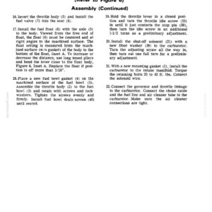 May include: A page from a manual titled "CARBURETOR (Cont'd)" with instructions for assembly and adjustment. The text includes numbered steps, diagrams, and references to specific parts. The page is white with black text.