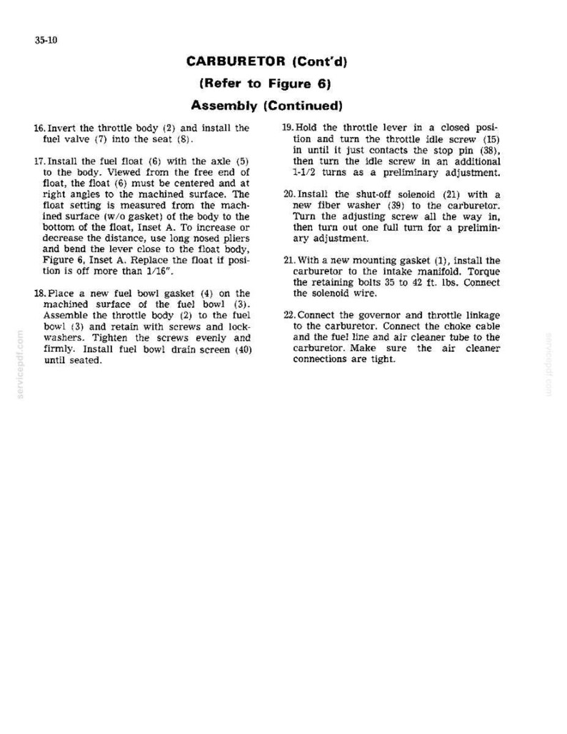 May include: A page from a manual titled "CARBURETOR (Cont'd)" with instructions for assembly and adjustment. The text includes numbered steps, diagrams, and references to specific parts. The page is white with black text.