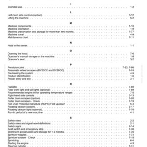 May include: A detailed index page from a manual, featuring a list of terms and page numbers. The text is in black against a white background. Terms include "Hand signals", "Heated seat", and "Hydraulic oil".