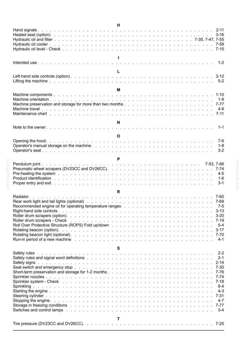 May include: A detailed index page from a manual, featuring a list of terms and page numbers. The text is in black against a white background. Terms include "Hand signals", "Heated seat", and "Hydraulic oil".