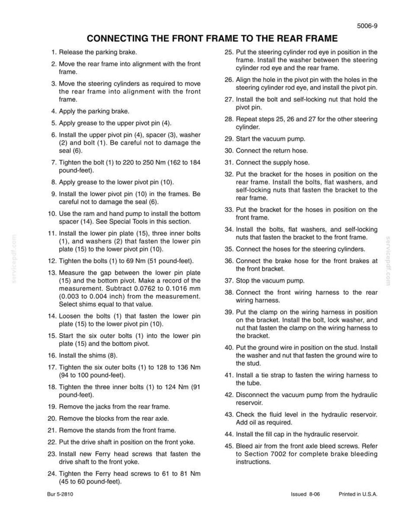 May include: A detailed instructional page titled "Connecting the Front Frame to the Rear Frame." The text provides step-by-step instructions for automotive repair, including tightening bolts to specific Newton-meter and pound-foot measurements.