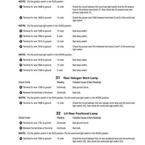 May include: A printed page with technical diagrams and troubleshooting steps for automotive lighting systems. The document includes sections on work/road light switches, rear halogen work lamps, and LH rear positional lamps, with voltage and continuity readings.