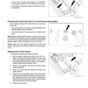 May include: Diagram of maintenance-free battery maintenance instructions. Text explains checking the charge state, electrolyte level, and battery replacement steps. Includes illustrations of battery components and procedures.