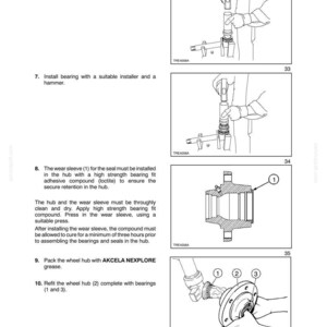 May include: Diagrams from a manual detailing front axle and wheel assembly. The illustrations show the installation of seals, bearings, and the wear sleeve. Text includes instructions for applying adhesive and packing with grease.