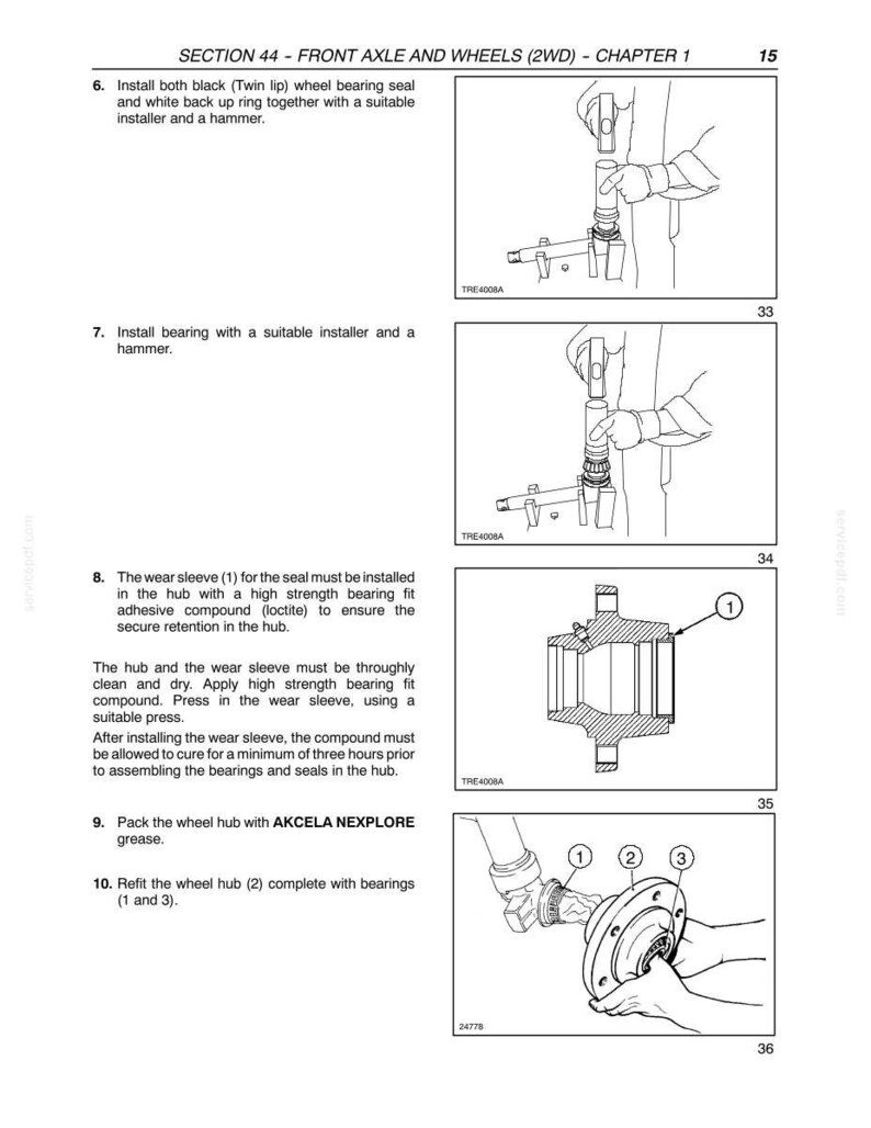 May include: Diagrams from a manual detailing front axle and wheel assembly. The illustrations show the installation of seals, bearings, and the wear sleeve. Text includes instructions for applying adhesive and packing with grease.