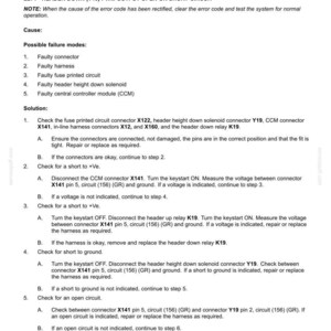May include: Technical diagram with troubleshooting steps for a command valve header lift valve. Includes instructions for checking connectors, shorts, and open circuits. Text includes connector references and circuit numbers.