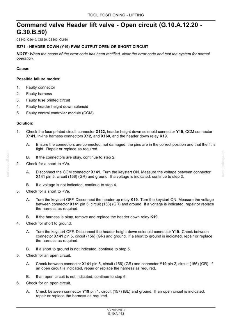May include: Technical diagram with troubleshooting steps for a command valve header lift valve. Includes instructions for checking connectors, shorts, and open circuits. Text includes connector references and circuit numbers.