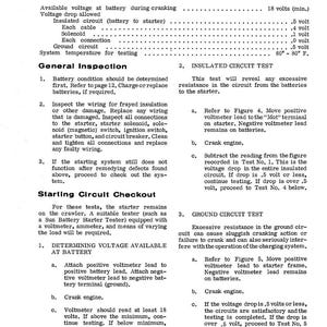 May include: A troubleshooting guide for a starting circuit, with text detailing test specifications, general inspection steps, and circuit checkout procedures. Includes instructions for voltage and ground circuit tests, with diagrams.
