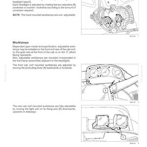 May include: A technical manual page titled 7-MAINTENANCE HEADLIGHT AND WORKLAMP ADJUSTMENT. It features three black and white line drawings showing mechanical adjustment points for vehicle headlights and worklamps, labeled with the number 1.