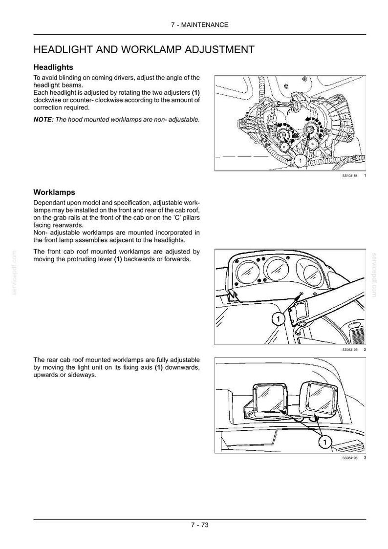May include: A technical manual page titled 7-MAINTENANCE HEADLIGHT AND WORKLAMP ADJUSTMENT. It features three black and white line drawings showing mechanical adjustment points for vehicle headlights and worklamps, labeled with the number 1.