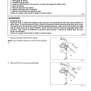 May include: Diagram of a hydraulic system with instructions for removing a horizontal cylinder. Includes safety warnings about escaping fluid and potential injury. The diagram shows numbered components for removal.